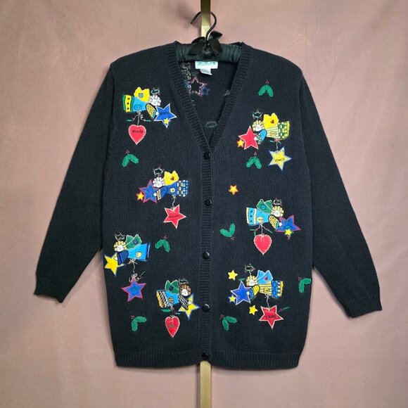The Quacker Factory Sweaters - Vtg QUACKER FACTORY Black Cardigan Sweater Holiday Christmas Angels Holly Stars